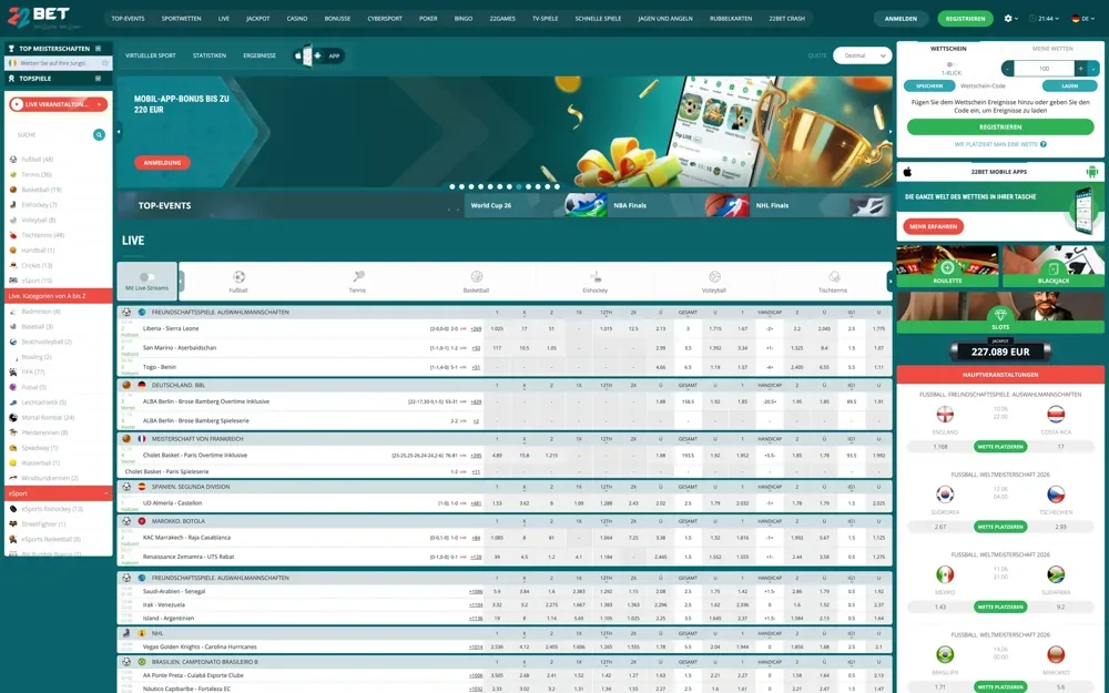 22Bet Kasse und Zahlungsmethoden